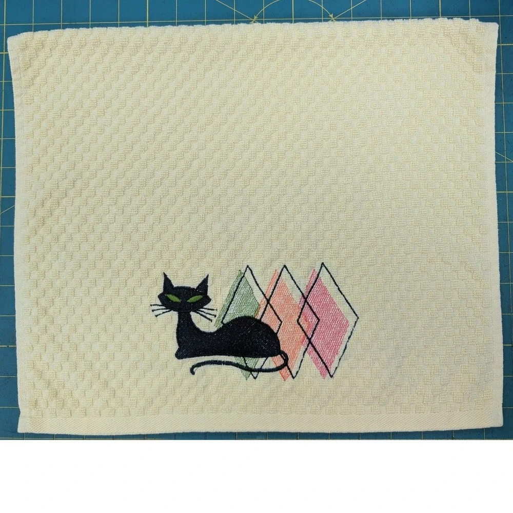 Retro Mid Century Modern Embroidered Atomic Cat Kitchen Bar Hand Towel